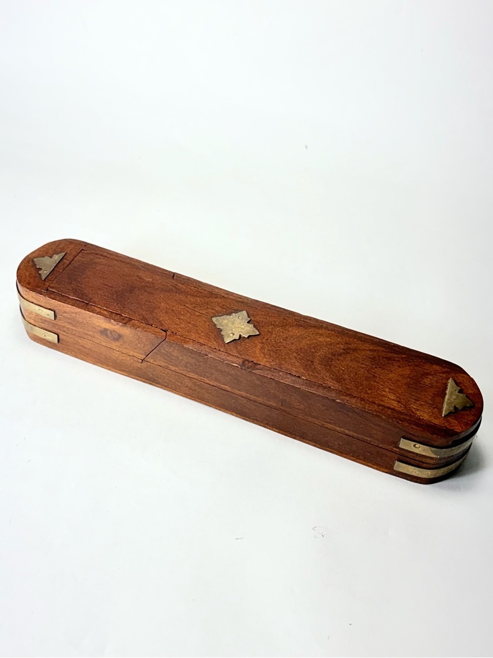 Vintage Antique Wood Brass Pen Pencil Box Or Incense Holder Multi Level Storage